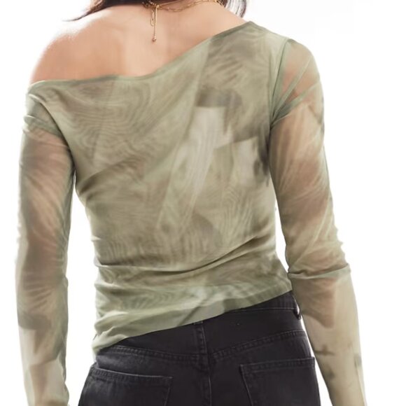 NWOT PULL&BEAR One Shoulder Mesh Top - Picture 2 of 4